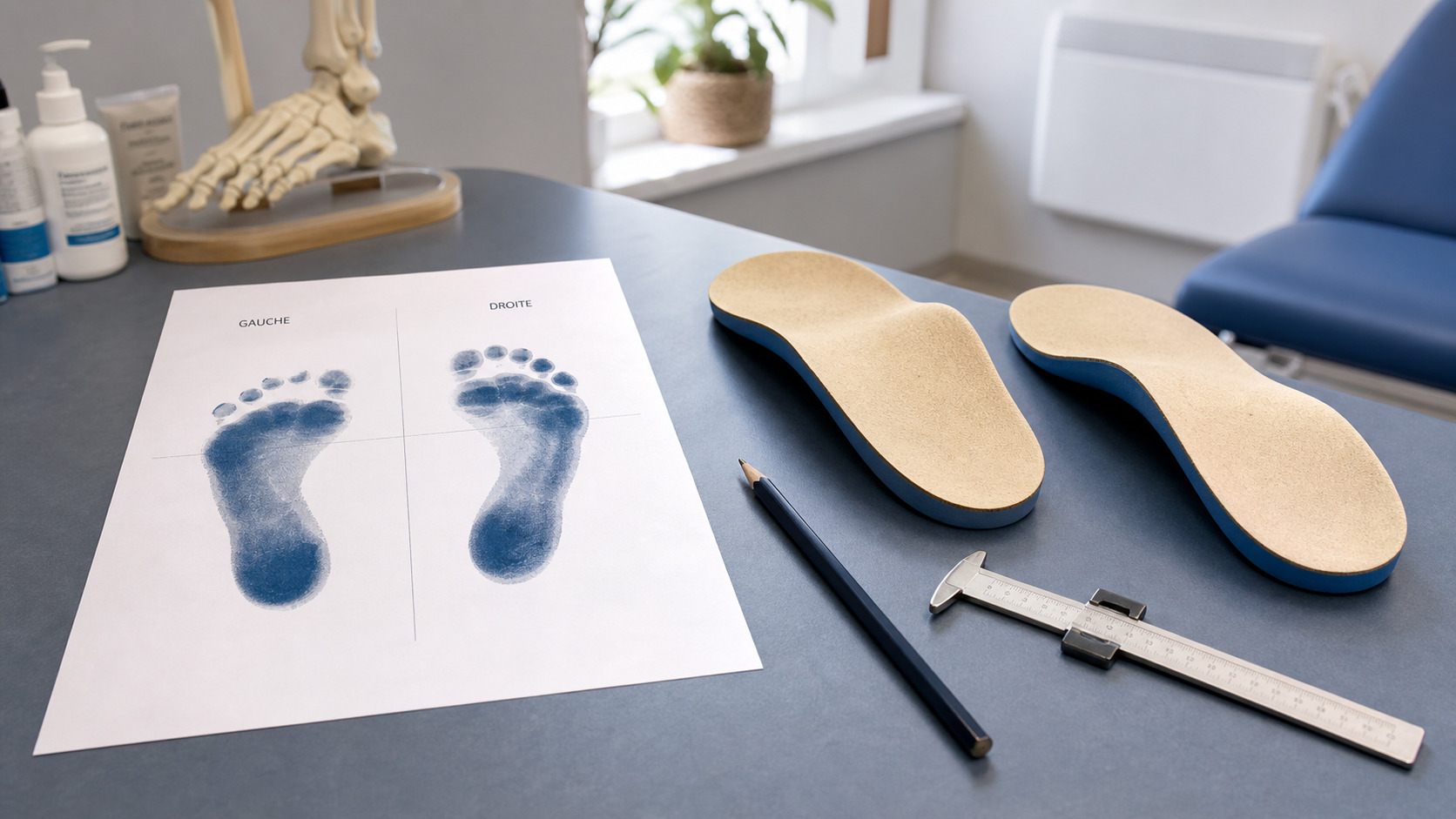 Empreinte plantaire et semelles orthopédiques sur une table de cabinet