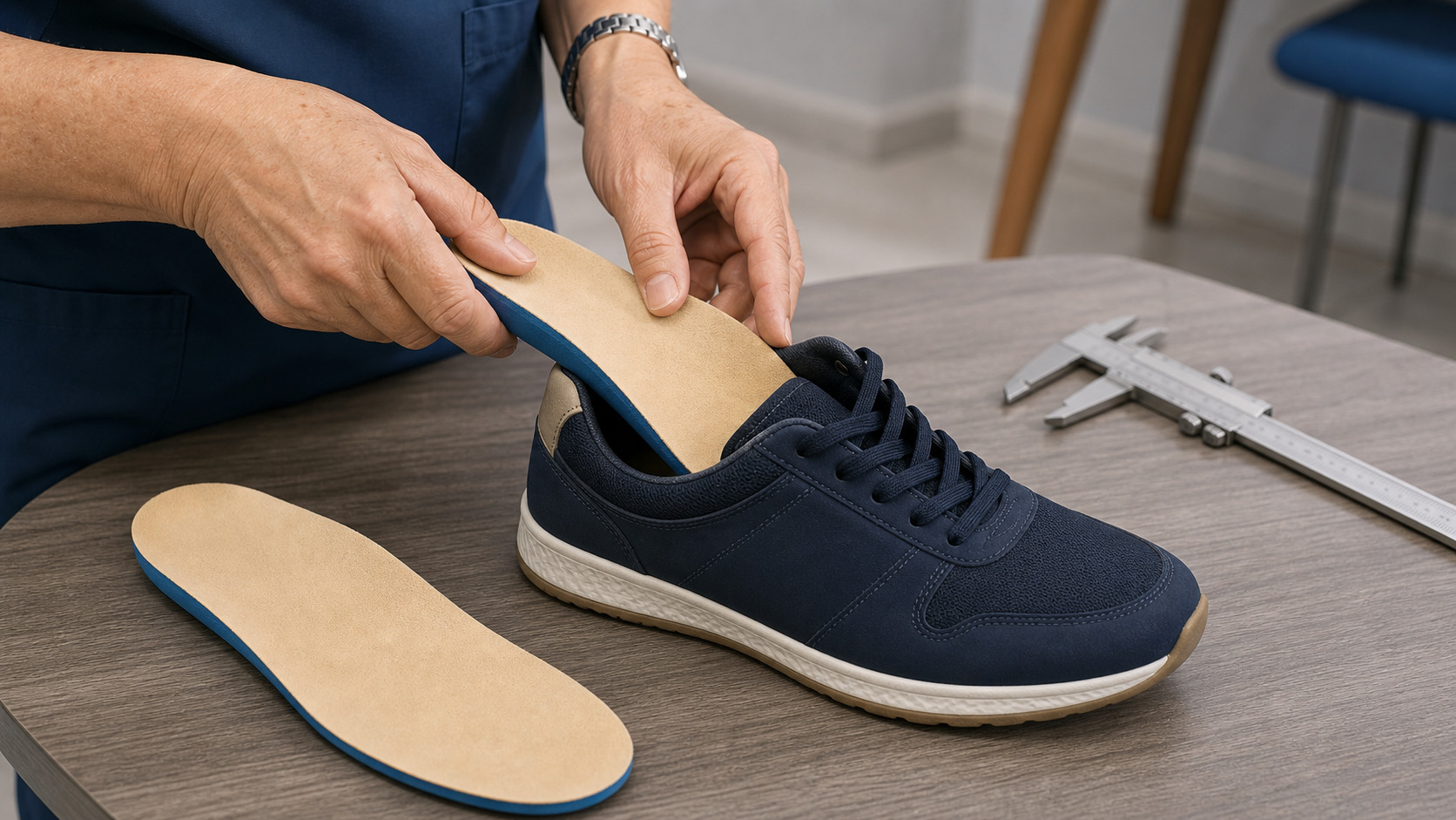 Semelle orthopédique glissée dans une chaussure pendant un essayage