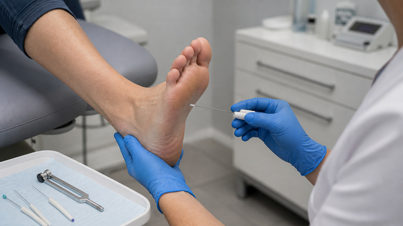 Examen du pied en cabinet de podologie avec matériel de test de sensibilité
