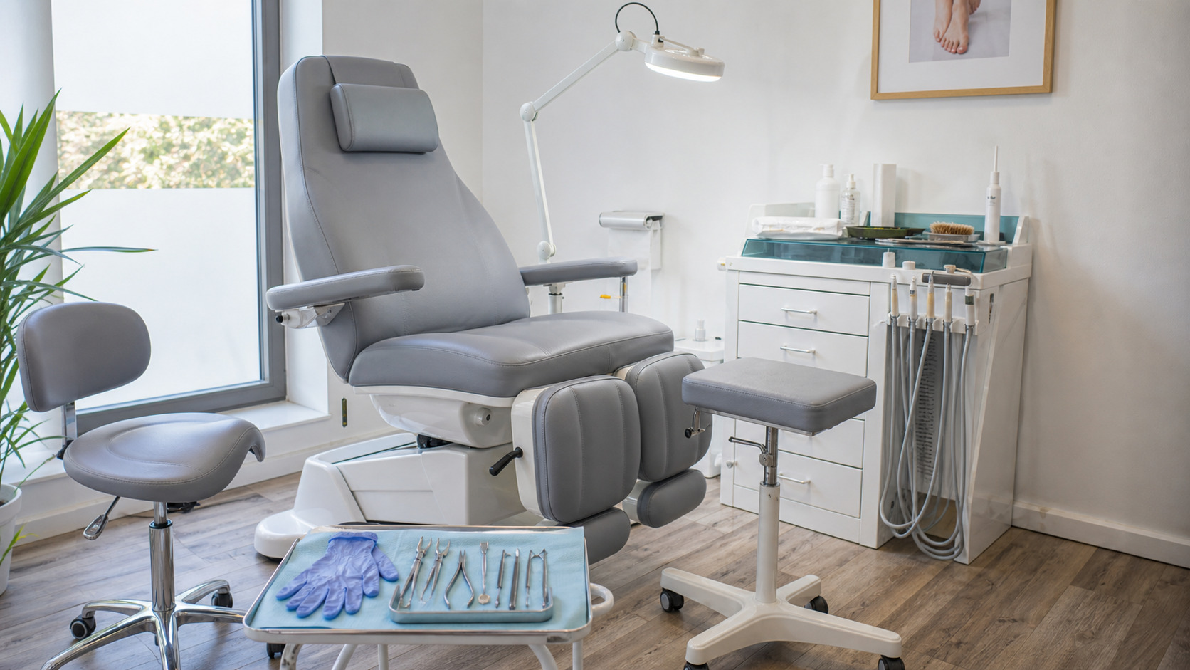 Fauteuil de soins en cabinet de podologie avec instruments préparés